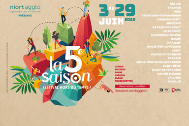 Affiche du festival : disciplines incluant clown et marionnettes, réservations sur 5esaison.niortagglo.fr